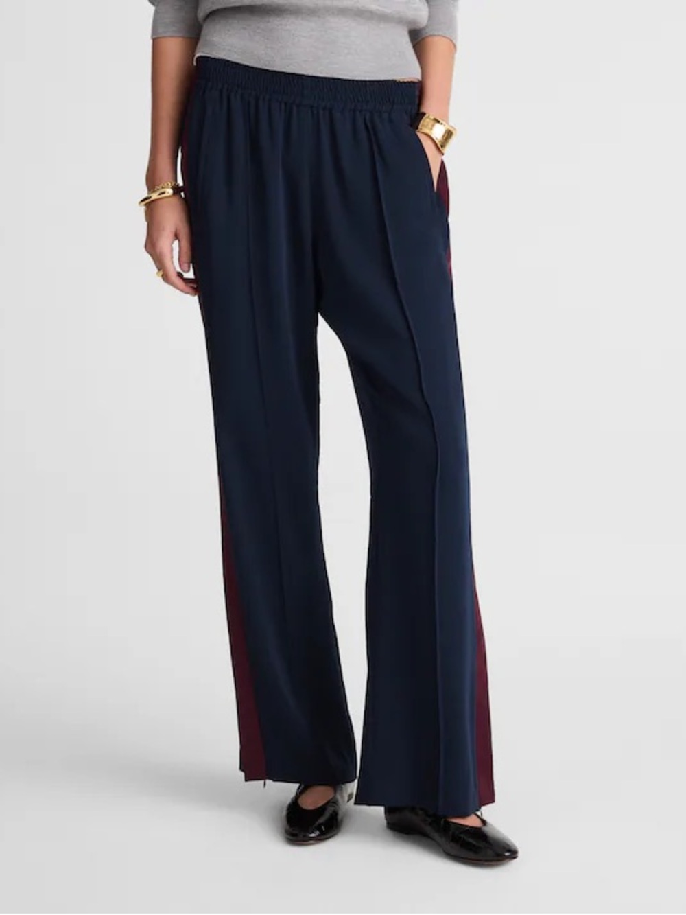 Madewell Pull-On Bootcut Track Pant navy w/ burgundy side stripe Women Sz M NWT